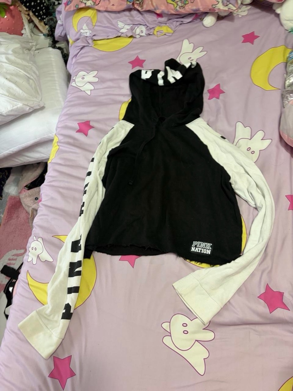 PINK NATION Black Cropped Hoodie with White Sleeves